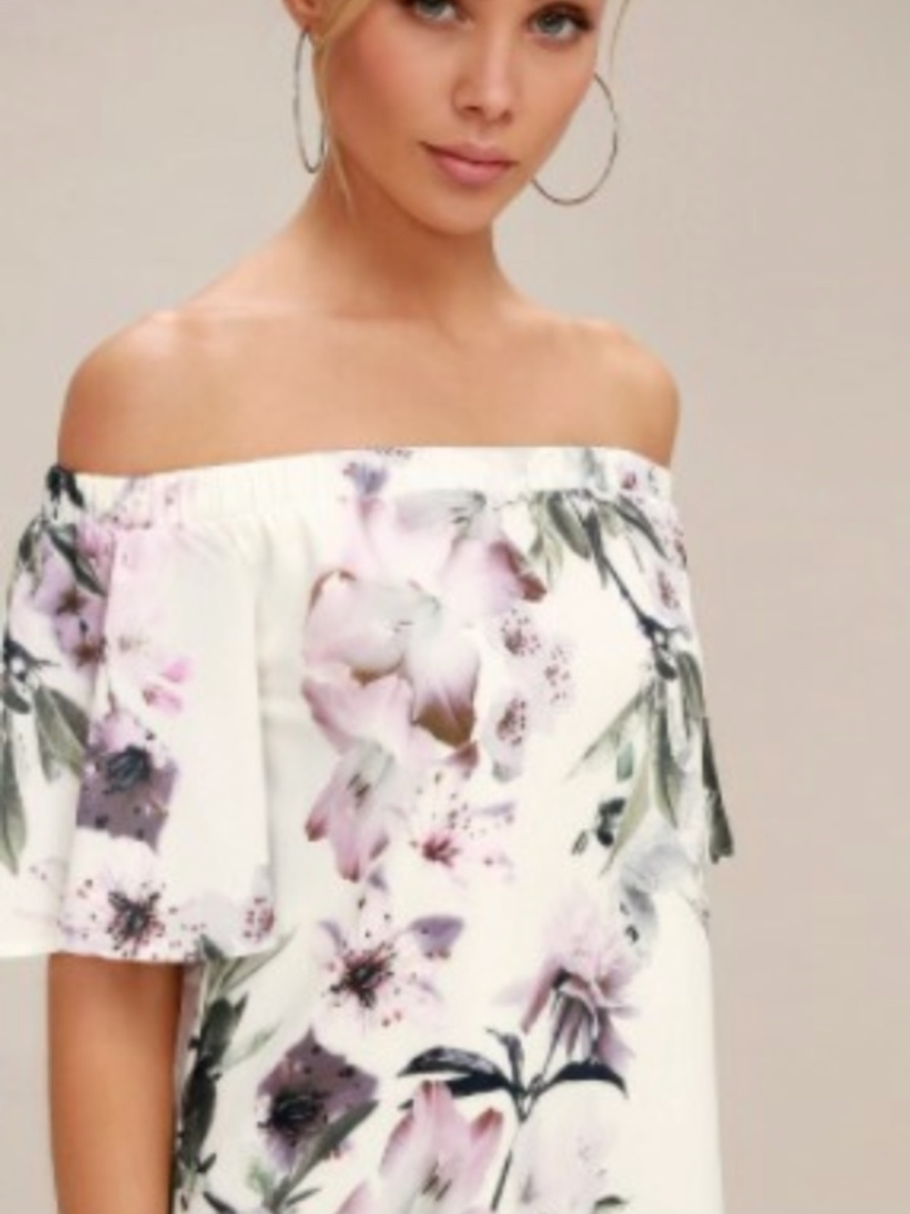 Lulus "Dream of You" Ivory Floral Off-the-Shoulder Dress, Fully Lined | Size XS - Picture 3 of 7